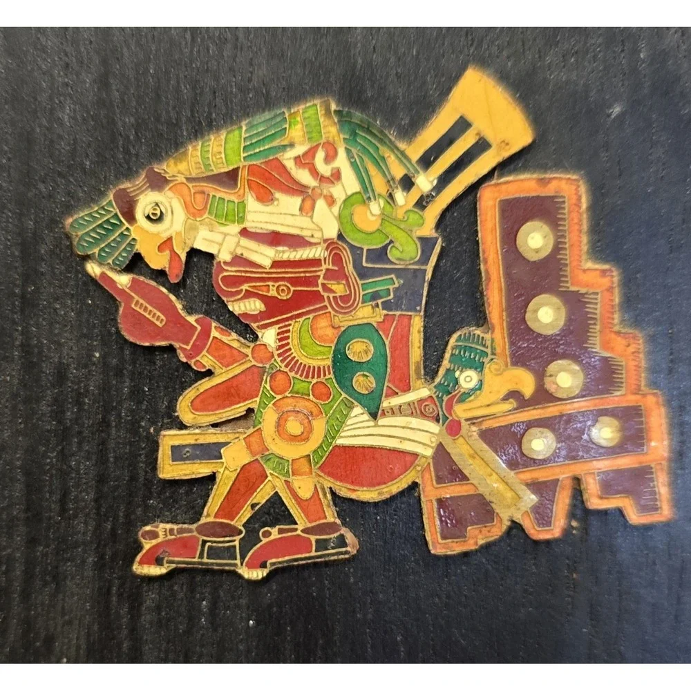 Aztec Medallions On Wood Backing, Enamel Inlay, 12 Small 1 Large, Folk Wall Art